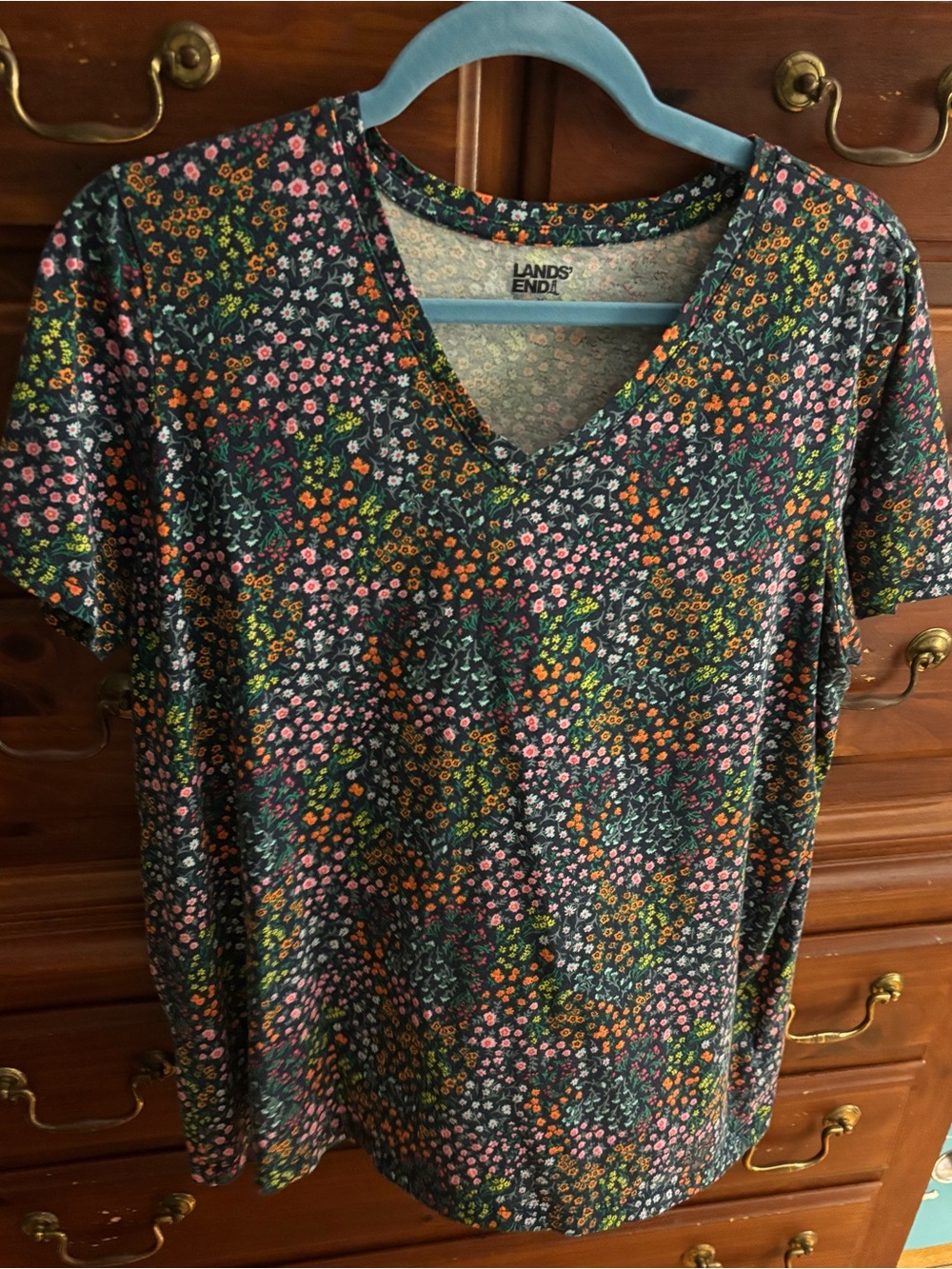 Lands' End Dark Floral V-Neck Short Sleeve Tee